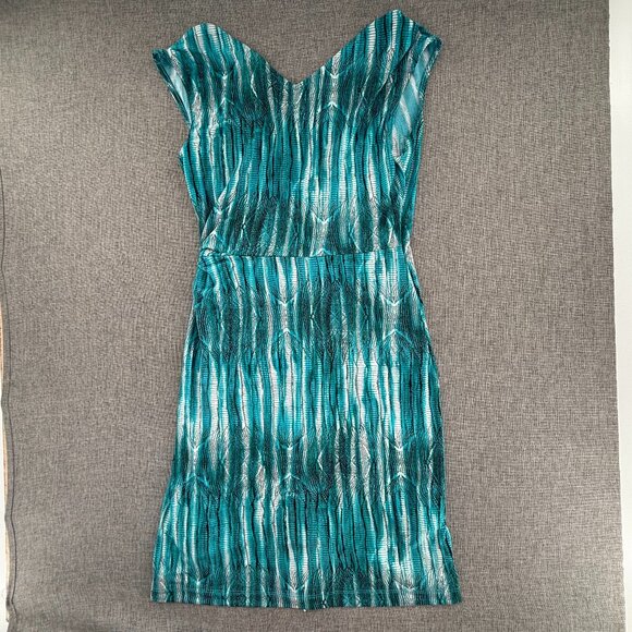 BCBG Maxazria faux Wrap Dress Teal Sleeveless Small V-Neckline Tie Side Stretchy - Picture 11 of 14